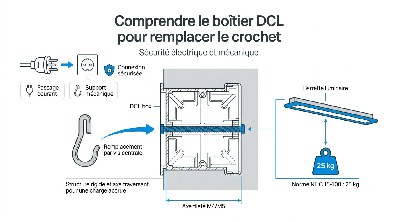Remplacement d'un crochet de boîtier DCL par une vis de fixation pour luminaire