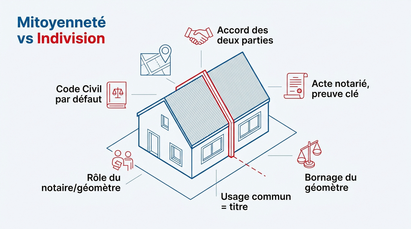 Schéma explicatif de la mitoyenneté et de l'indivision pour une toiture commune