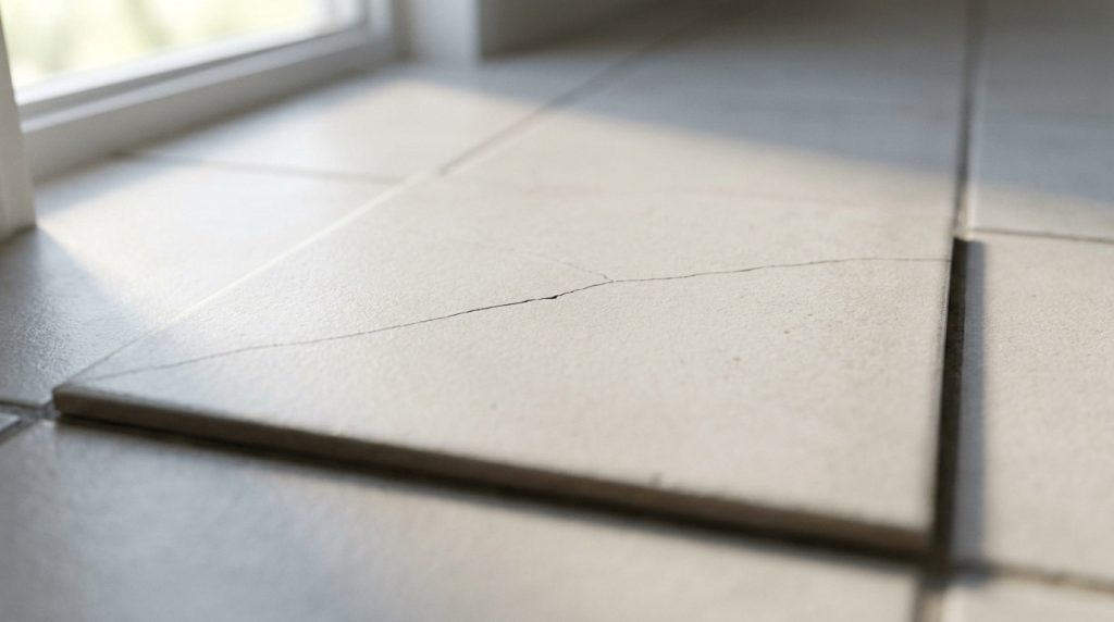 Gros plan sur un carrelage de sol clair montrant une fissure traversante et un léger décalage entre les carreaux, près d'une fenêtre.
