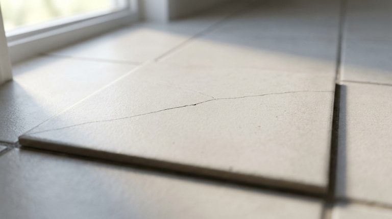 Gros plan sur un carrelage de sol clair montrant une fissure traversante et un léger décalage entre les carreaux, près d'une fenêtre.