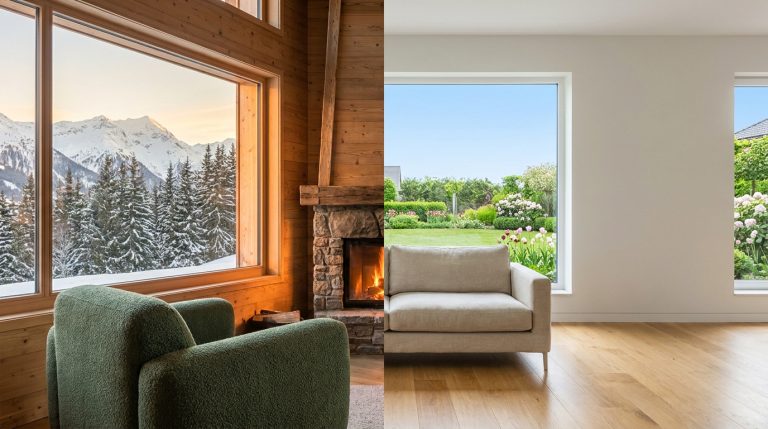 Image divisée : à gauche, salon chalet bois, feu de cheminée, vue montagne enneigée. À droite, salon maison moderne, vue jardin fleuri.