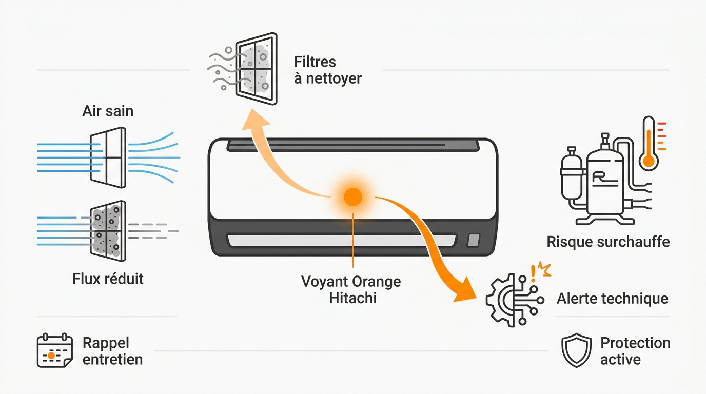 Unité de climatisation Hitachi avec voyant orange allumé indiquant un besoin d'entretien