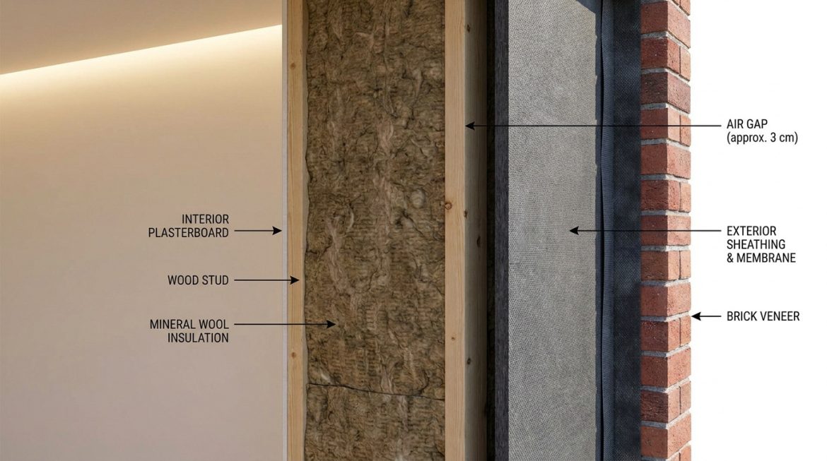 Lame d’air isolation : la solution pour un mur sain et sec Coupe d'un mur de maison montrant les couches : plâtre, montant bois, isolant, membrane, lame d'air (3 cm) et brique. Essentiel.