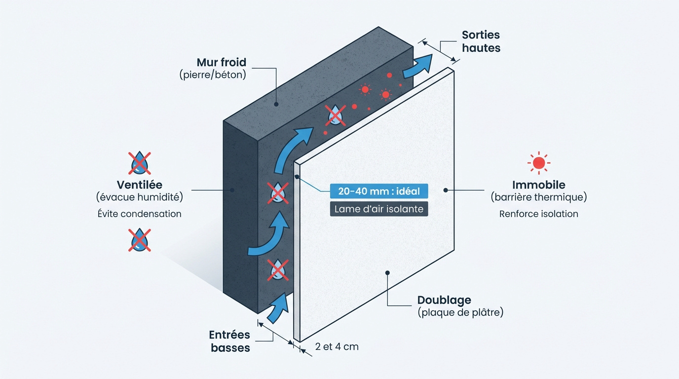 Schéma technique d'une lame d'air entre un mur et son isolation intérieure