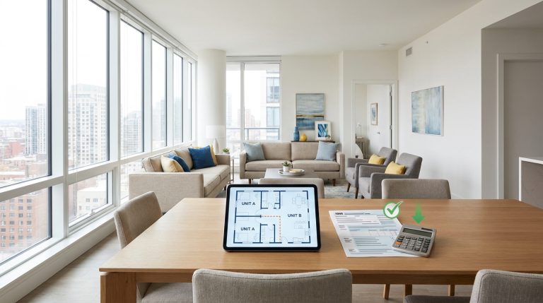 Un plan de fusion d'appartements sur tablette, des documents fiscaux et une calculatrice sur une table dans un salon moderne.