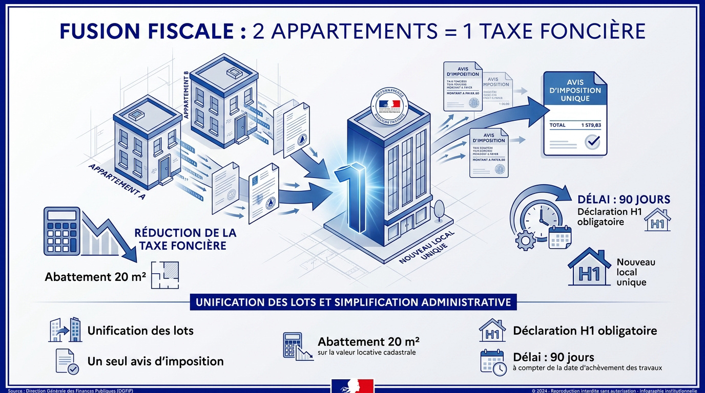 Schéma explicatif de la fusion de deux appartements pour la taxe foncière