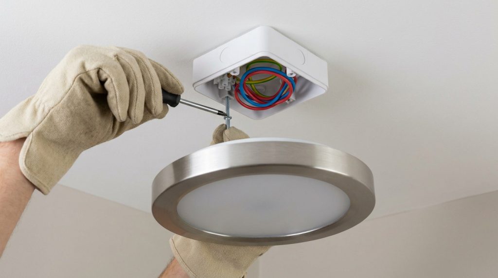 Mains gantées vissant un luminaire LED circulaire sur un boîtier DCL au plafond avec des fils électriques visibles.