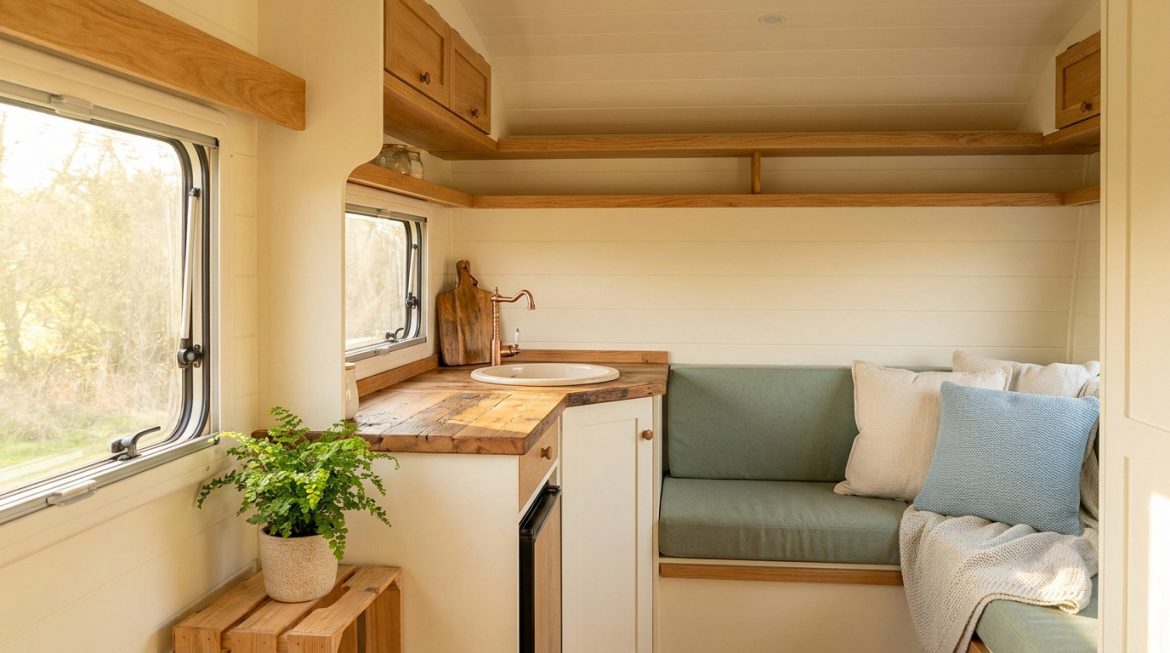 Réussir la rénovation de votre petite caravane avec méthode Intérieur lumineux d'une caravane rénovée avec une petite cuisine en bois, un évier et un coin salon vert, des coussins clairs.