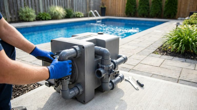 Un technicien ganté de bleu installe un filtre de piscine gris Desjoyaux. La piscine bleue et des outils sont en arrière-plan.