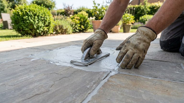 Mains gantées d'un professionnel jointoyant des dalles de carrelage extérieur à la truelle. Vue rapprochée de la tâche dans un jardin ensoleillé.
