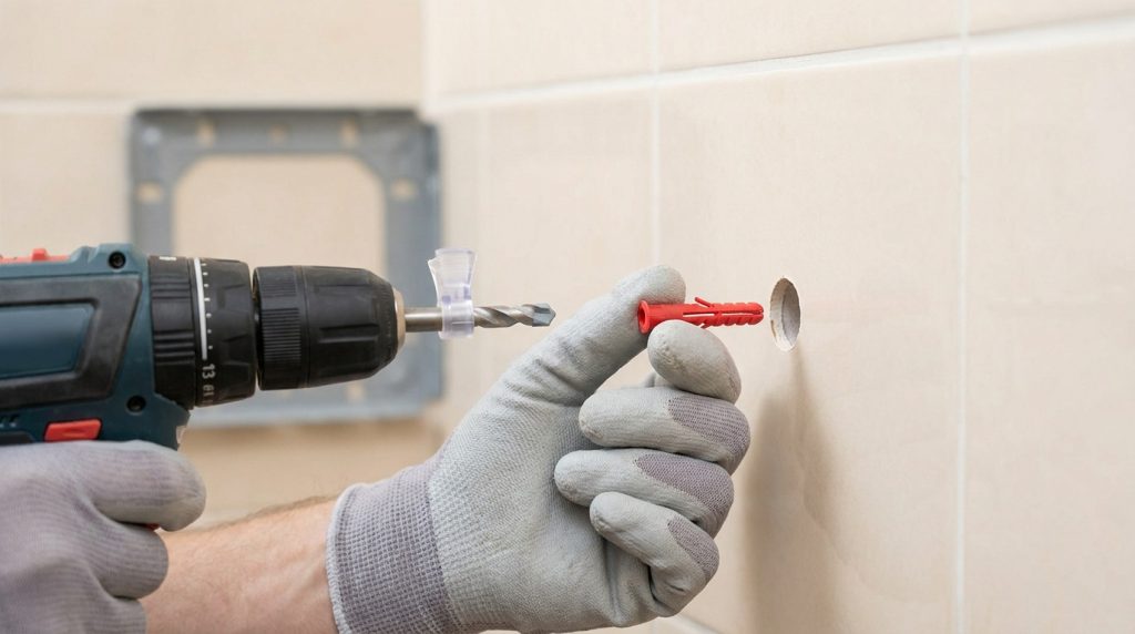 Main gantée insérant une cheville rouge dans un trou de carrelage, perceuse avec butée de profondeur prête à l'emploi.