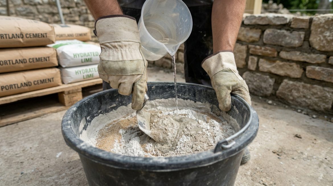 Mains gantées versant de l'eau pour mélanger ciment, chaux et sable dans un seau. Sacs de ciment et chaux en arrière-plan.