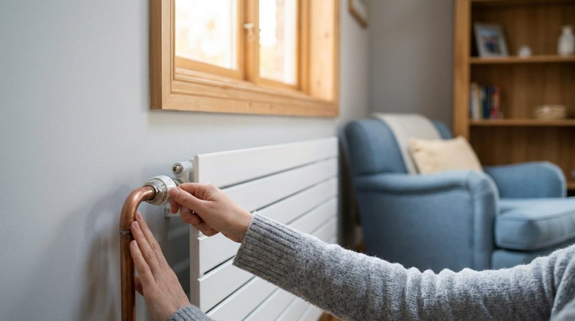 Radiateur qui ne chauffe pas : les solutions pour dépanner Main réglant une vanne de radiateur blanc avec tuyau en cuivre. Fond flou : fenêtre, fauteuil bleu, bibliothèque en bois.
