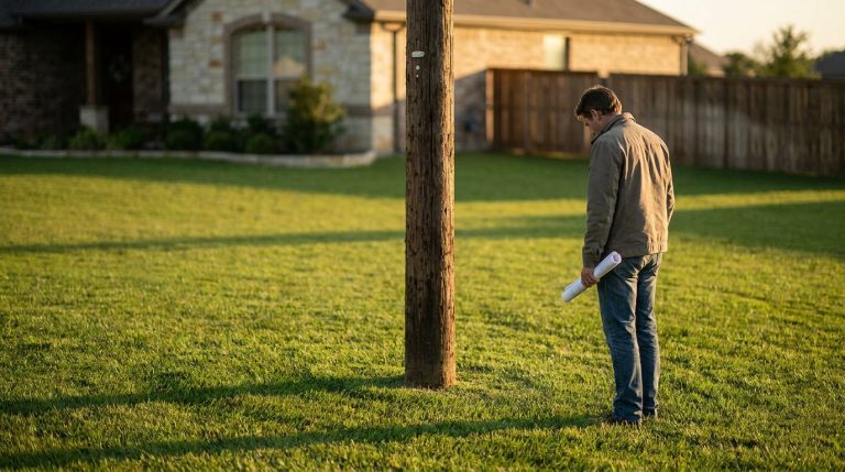 Un homme tient des plans, debout devant un poteau électrique au milieu d'un jardin résidentiel ensoleillé.
