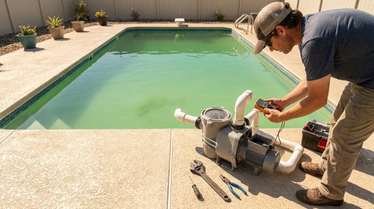 Un homme dépanne une pompe de piscine au bord d'une piscine à l'eau trouble et verdâtre. Il utilise un multimètre pour vérifier le moteur.