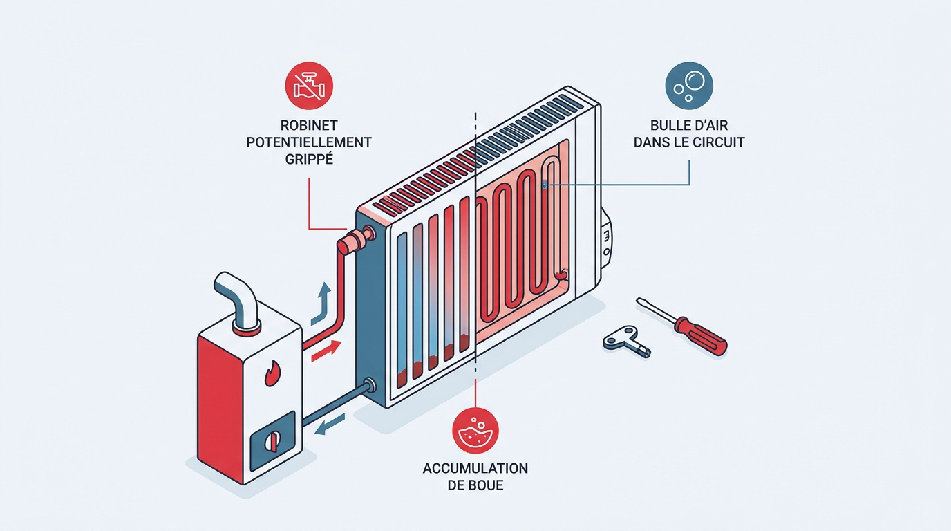 Schéma de diagnostic pour un radiateur qui ne chauffe pas avec tuyaux froids