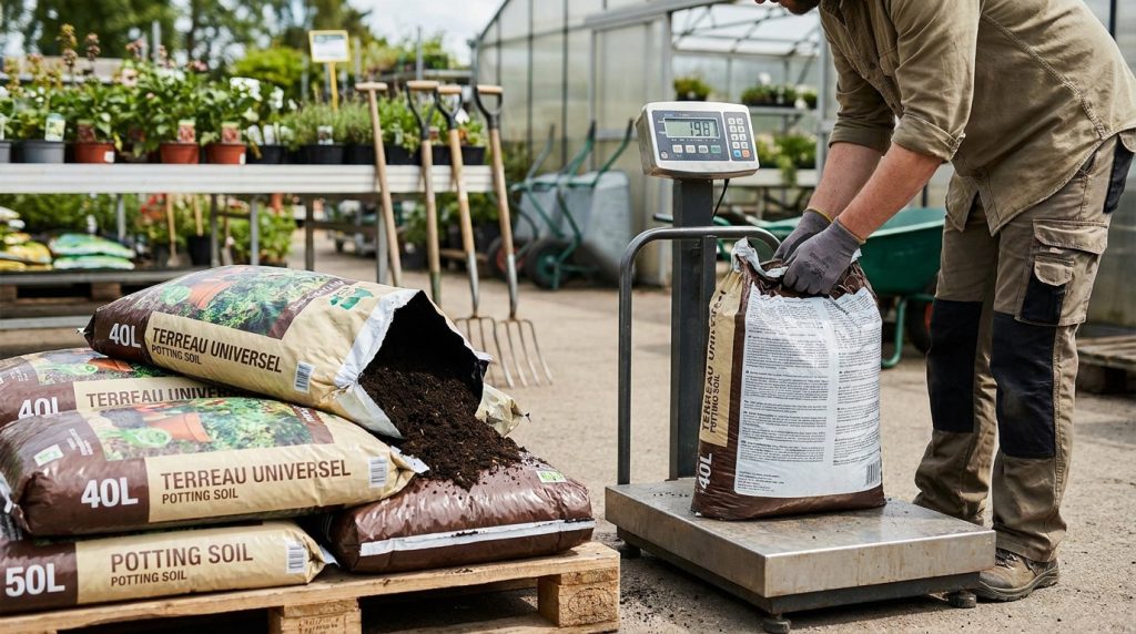 Un employé en jardinerie pèse un sac de 40 litres de terreau sur une balance industrielle.