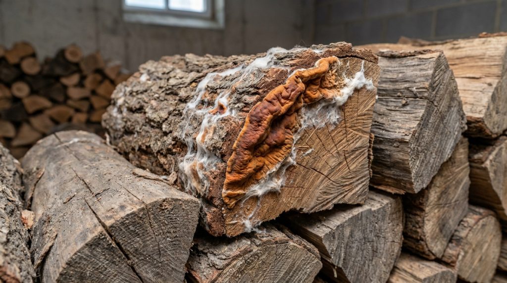 Bûches de bois de chauffage infectées par de la mérule avec des filaments blancs et une excroissance orange.