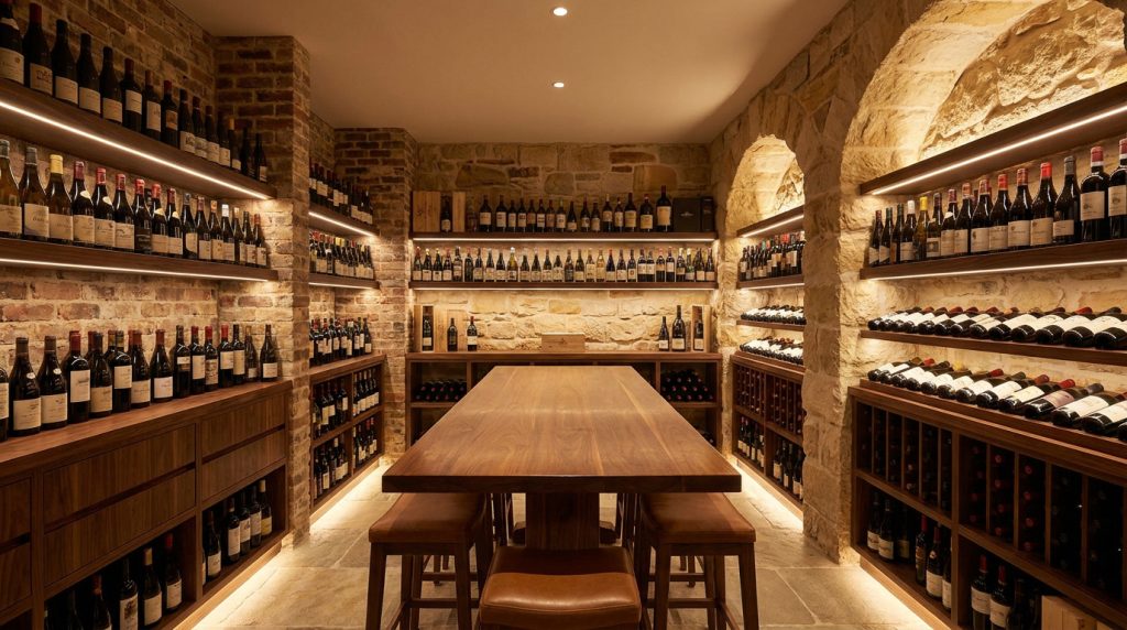 Une cave à vin luxueuse avec des étagères en bois, des murs en pierre apparente et une table de dégustation centrale.