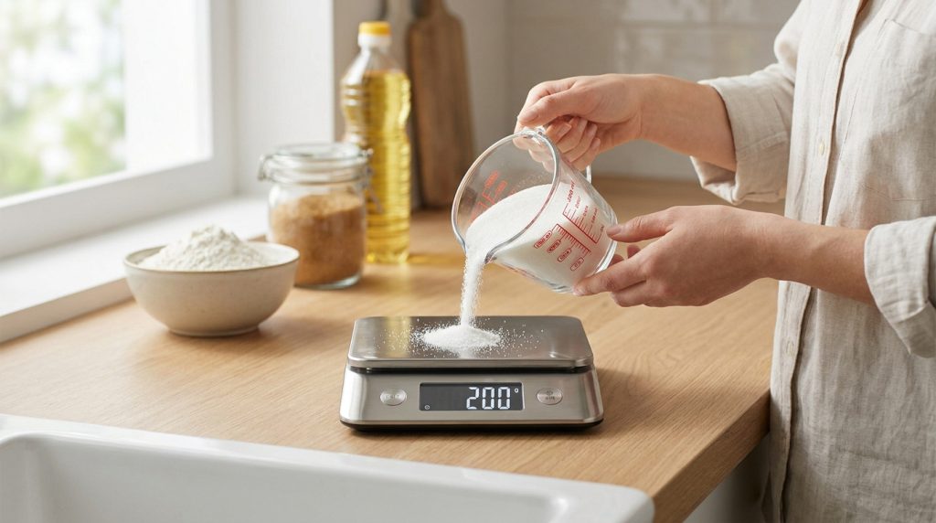 Une personne verse du sucre d'un verre doseur sur une balance de cuisine numérique affichant 200 grammes.