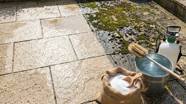 Matériel de nettoyage pour terrasse avec un sac de percarbonate, un seau d'eau, une brosse et un pulvérisateur.
