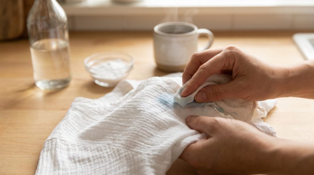 Mains nettoyant une tache bleue sur un linge blanc avec un chiffon propre et des produits naturels sur une table.