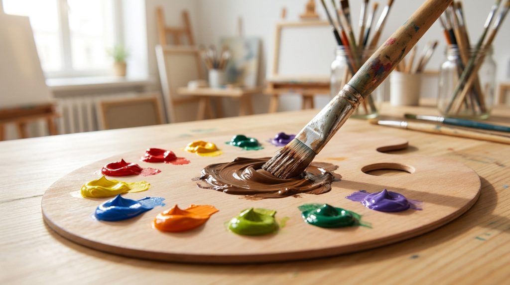 Un pinceau mélangeant de la peinture brune sur une palette en bois entourée de taches de peinture colorées.