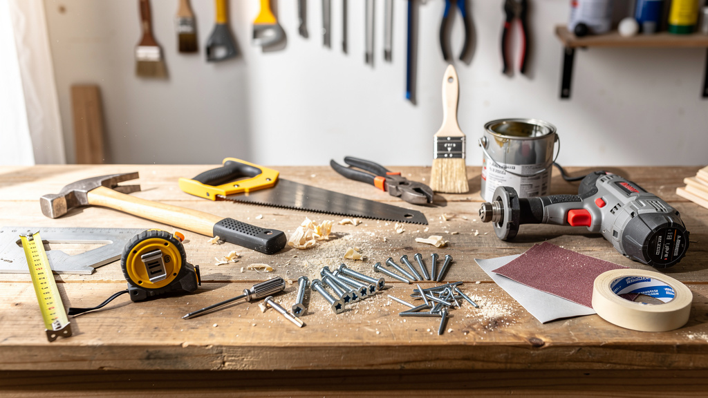 Outils et matériaux de bricolage posés sur un établi