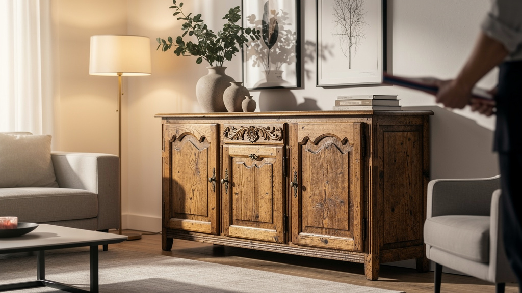Buffet ancien en bois massif intégré dans un salon contemporain