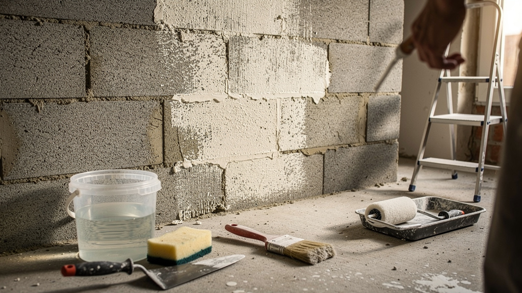 Préparation du support avant enduisage d'un mur en parpaing