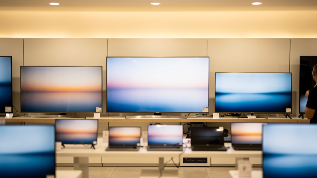 Rangée de téléviseurs de différentes tailles dans un magasin d'électronique