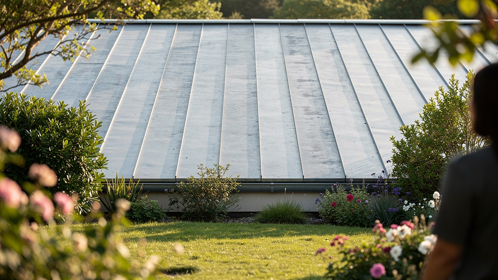 Toiture bac acier vue depuis un jardin