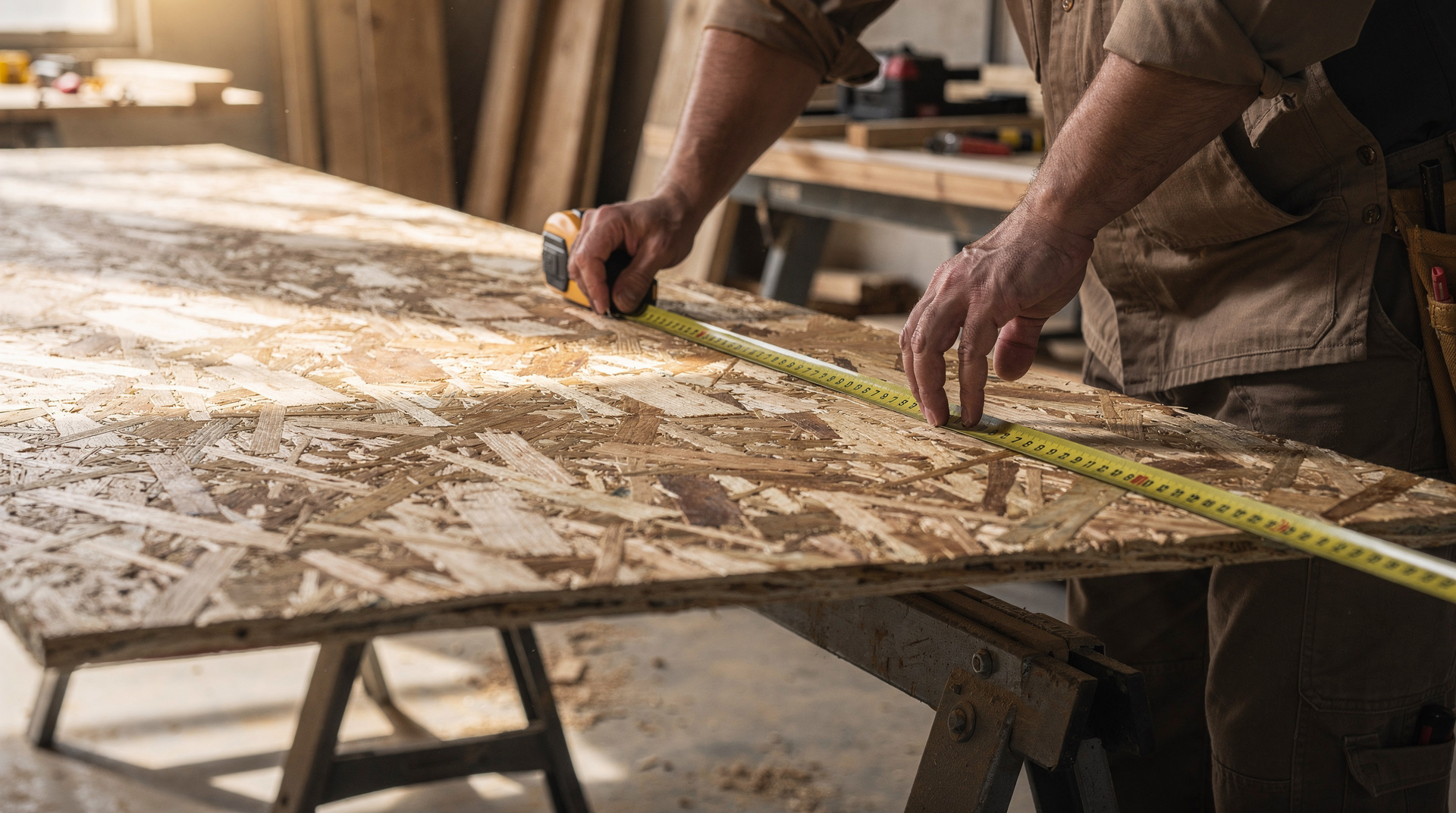 Artisan mesurant une plaque OSB3 sur des tréteaux de chantier