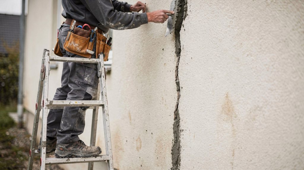 Artisan rebouchant une fissure de façade en enduit sur un mur extérieur