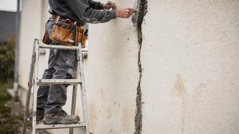 Artisan rebouchant une fissure de façade en enduit sur un mur extérieur