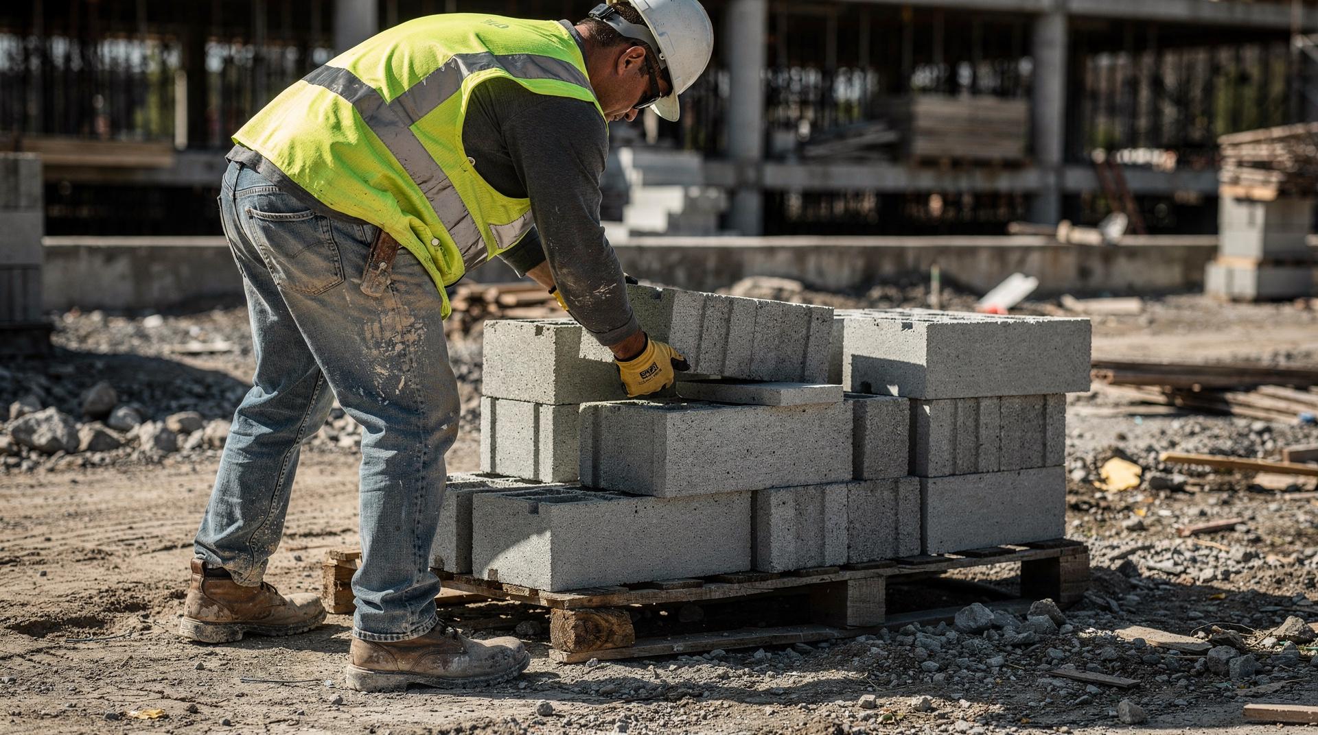 Blocs de béton de différentes épaisseurs sur une palette