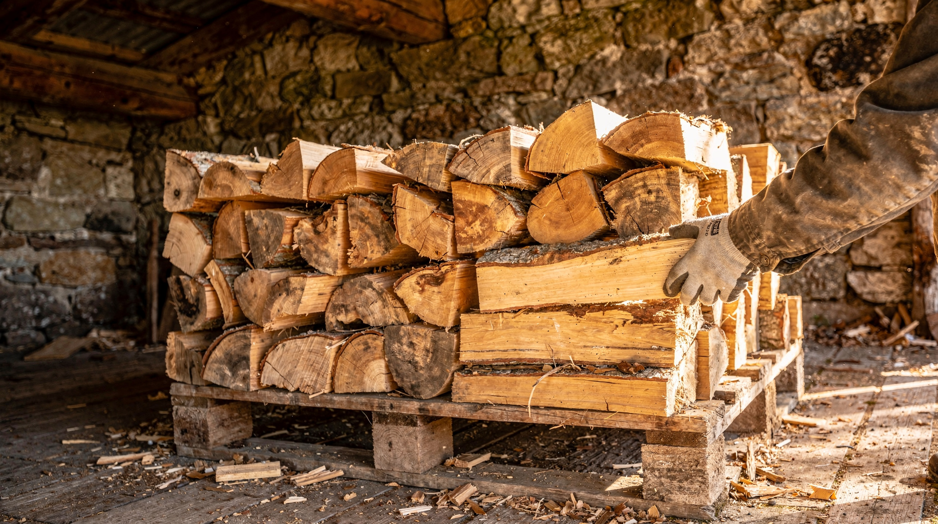 Bois de chauffage stocké sur palettes dans un abri ventilé