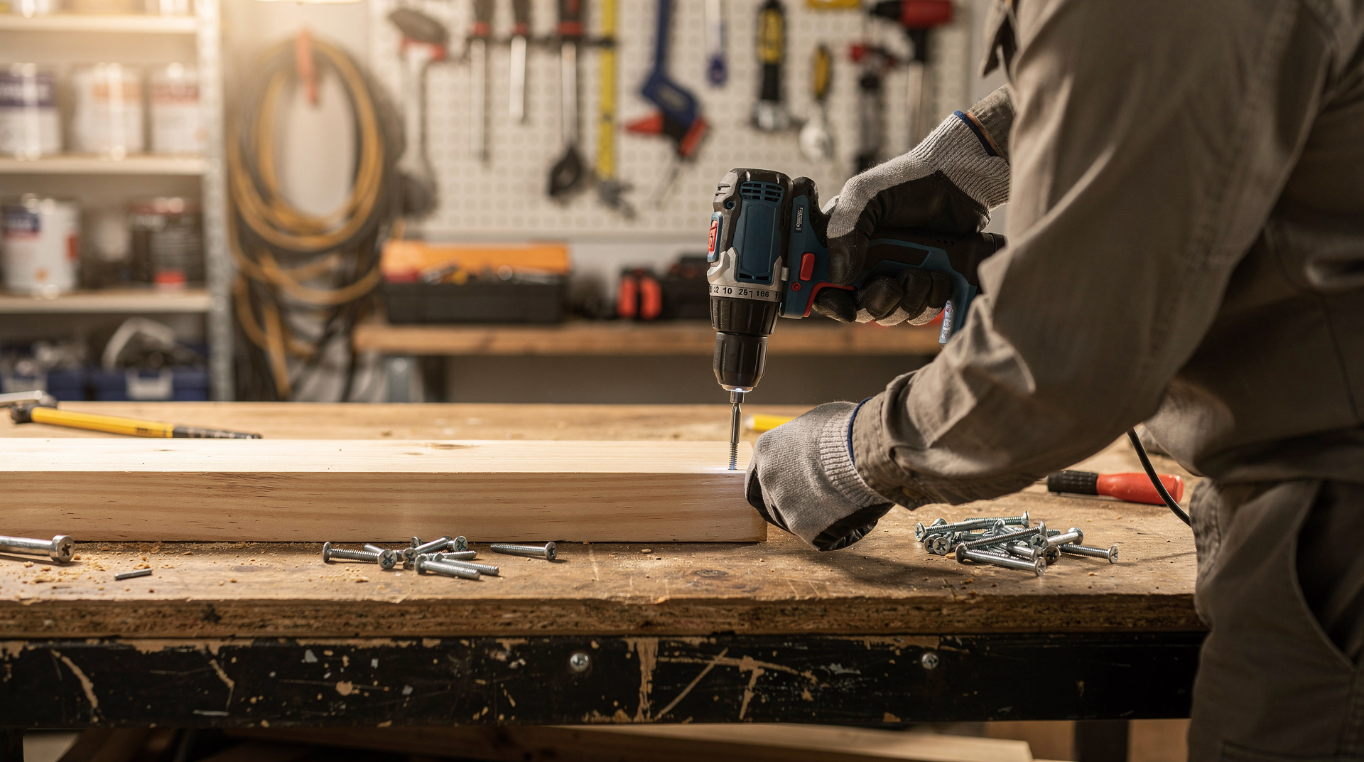 Bricoleur utilisant une visseuse dans un garage