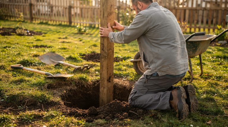 Deux hommes posant des poteaux de clôture en bois dans un jardin