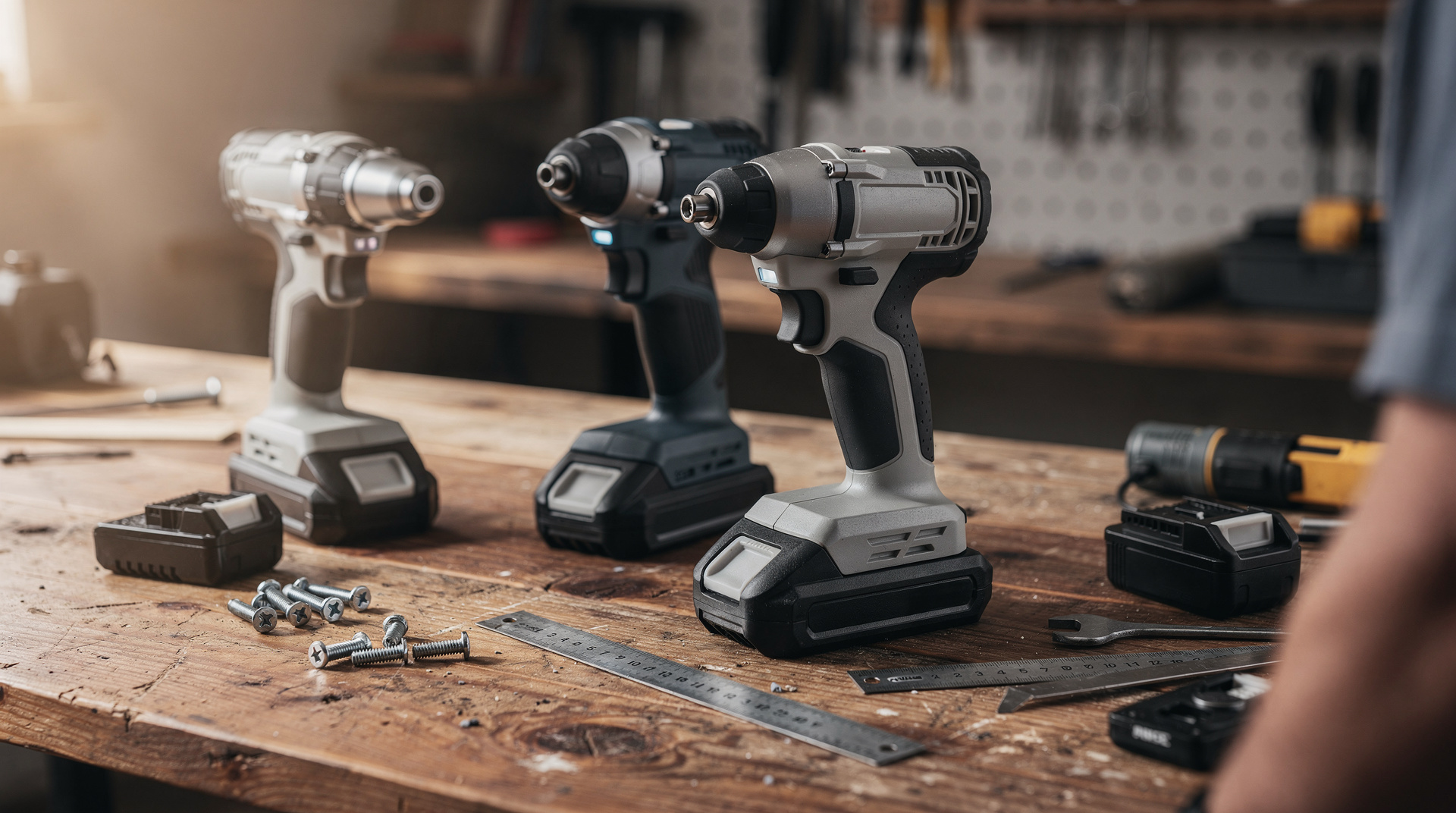 Kit d'outils sans fil et batteries 18V disposés sur un établi en bois