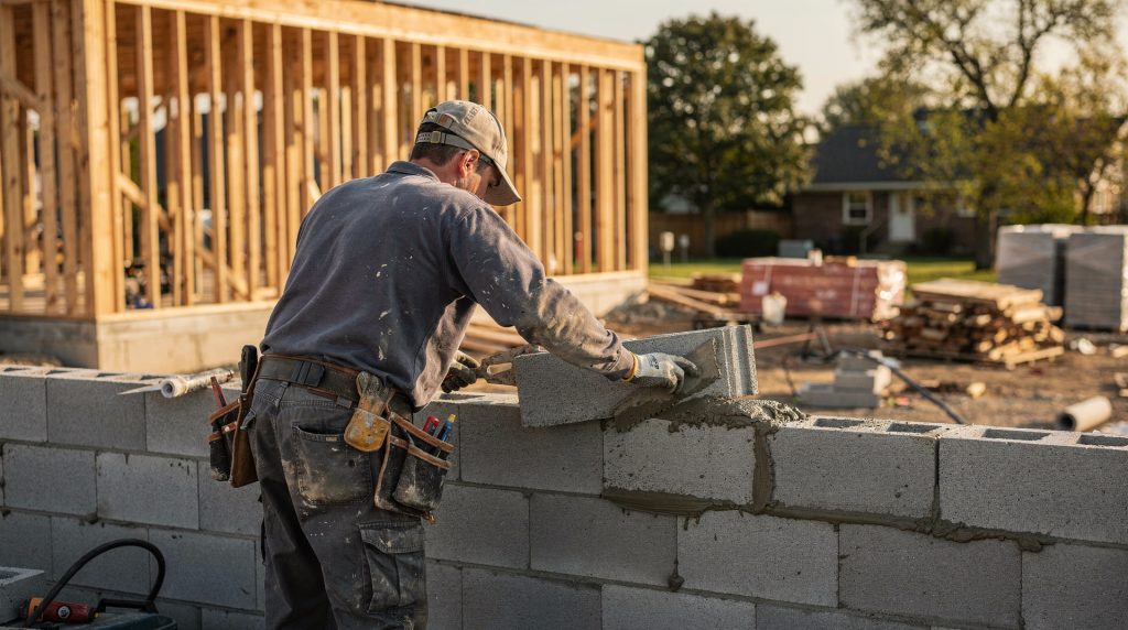 Maçon posant des parpaings sur un chantier de construction