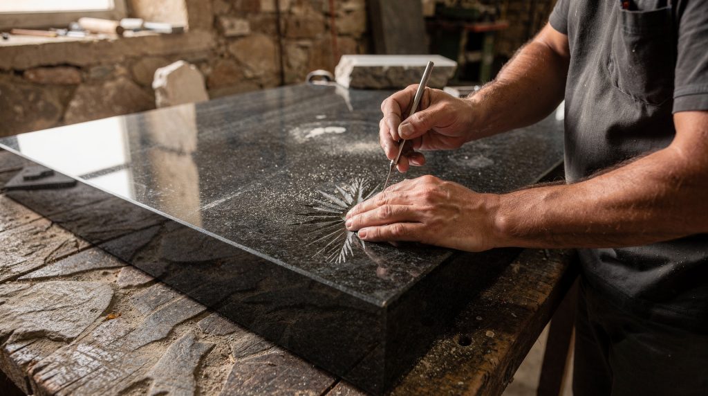 Marbrier gravant une pierre tombale en granit noir dans son atelier