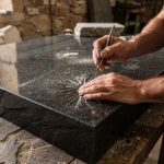 Marbrier gravant une pierre tombale en granit noir dans son atelier