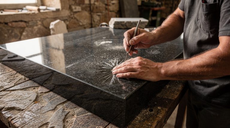Marbrier gravant une pierre tombale en granit noir dans son atelier