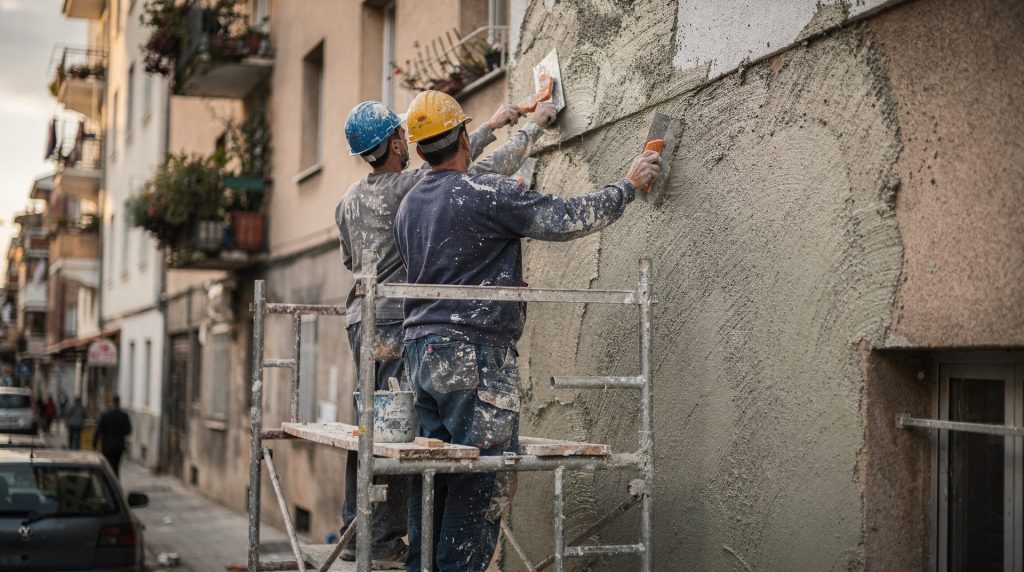 Ouvriers sur échafaudage réalisant le ravalement d'une façade d'immeuble collectif