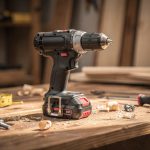 Perceuse-visseuse sans fil posée sur un établi en bois