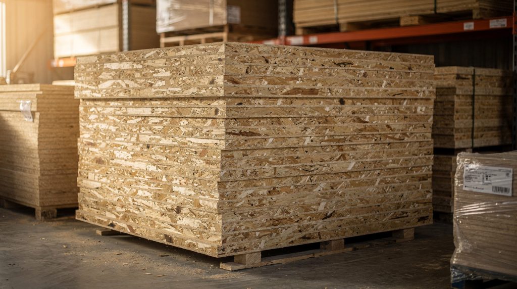 Pile de panneaux OSB3 dans un dépôt de matériaux de construction
