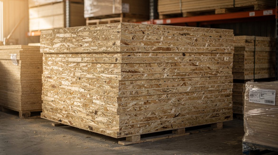 Plaque OSB3 : dimensions standard, épaisseurs et formats à connaître Pile de panneaux OSB3 dans un dépôt de matériaux de construction