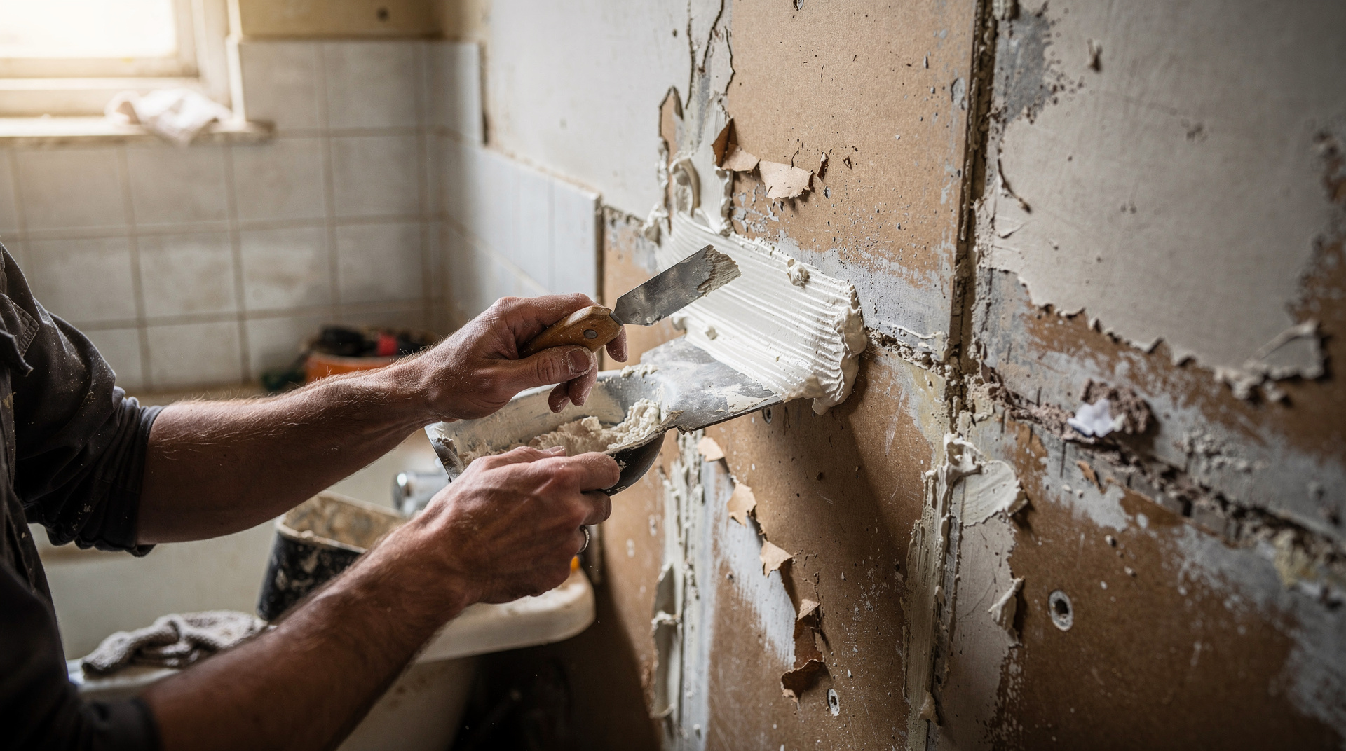 Réparation d'un mur en plaque de plâtre après enlèvement de carrelage