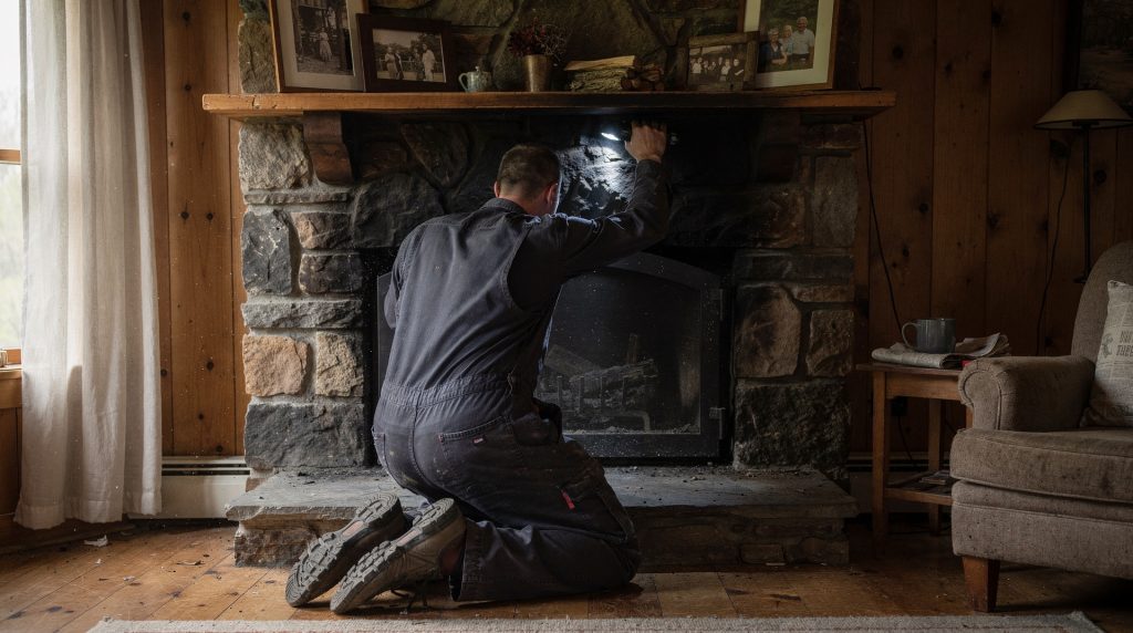 Ramoneur inspectant un conduit de cheminée avec une lampe torche